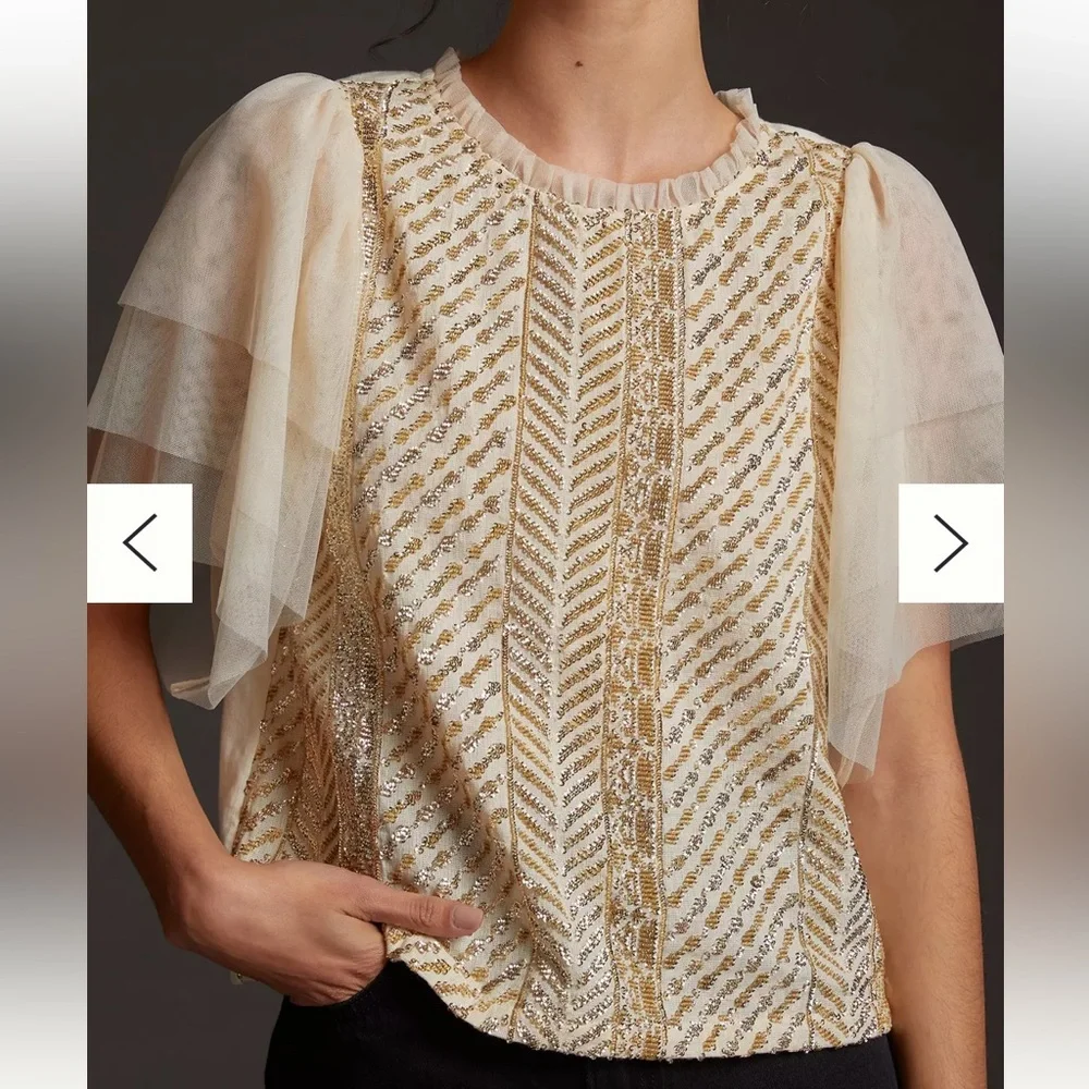 Anthropologie Gold and Cream Embellished Puff-Sleeve Blouse